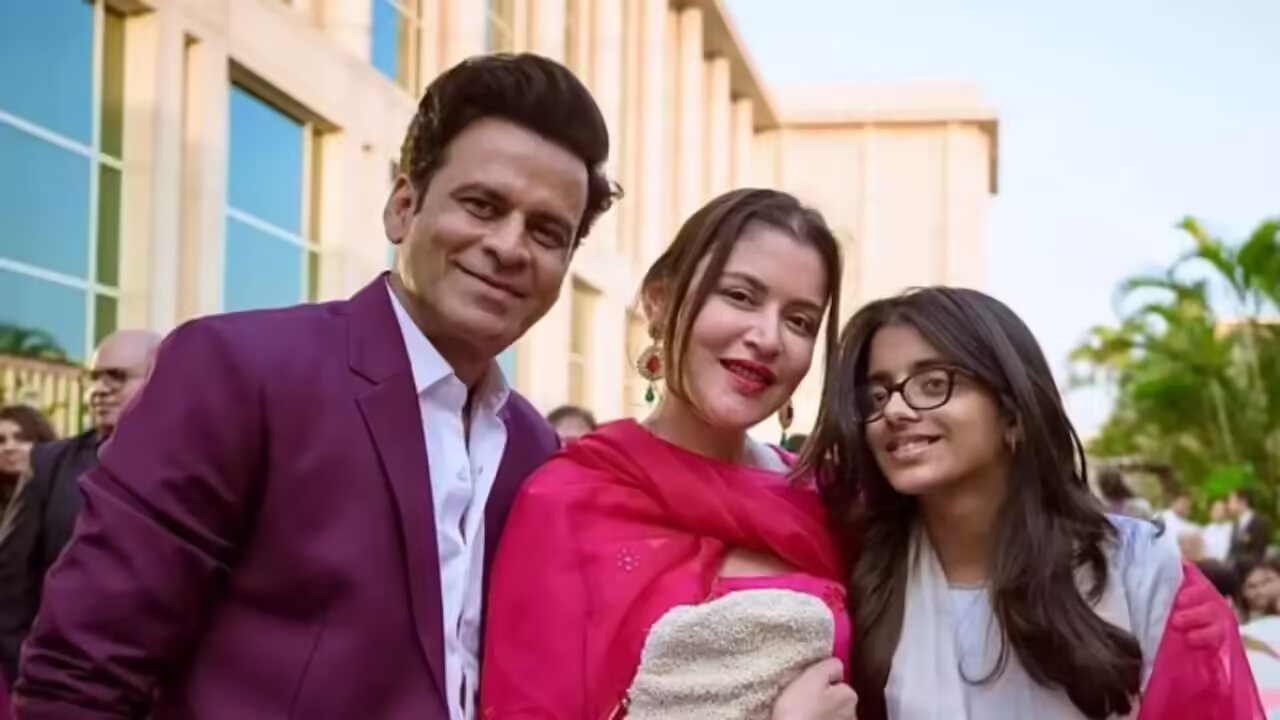 Ava Nayla with her parents, Manoj Bajpayee and Neha, at a public film event.