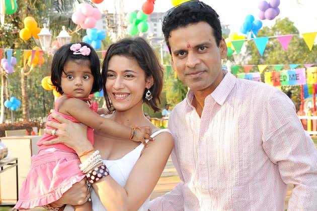 Ava Nayla as an infant with her parents Neha and Manoj Bajpayee at a family birthday celebration.